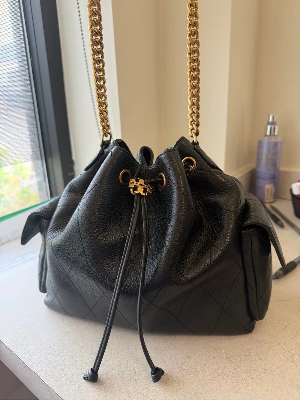 Tory Burch Charlie Quilted Drawstring Shoulder Bag - Black with Gold Hardware